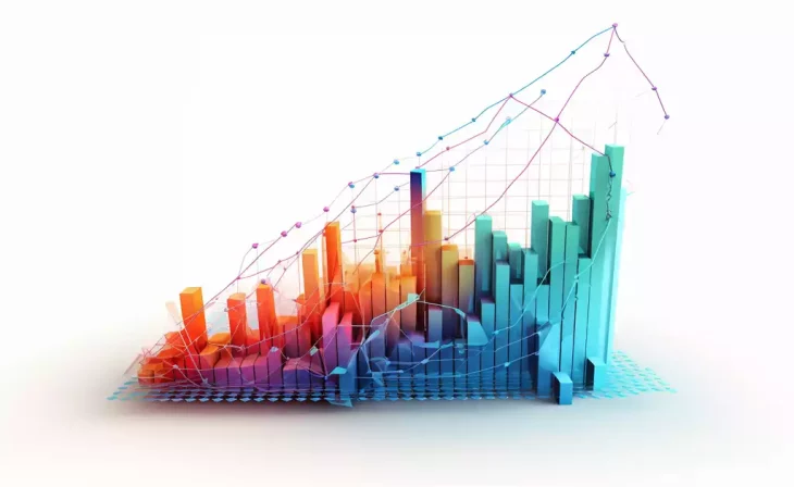 3D colorful bar graph with overlaying line chart on a white background.