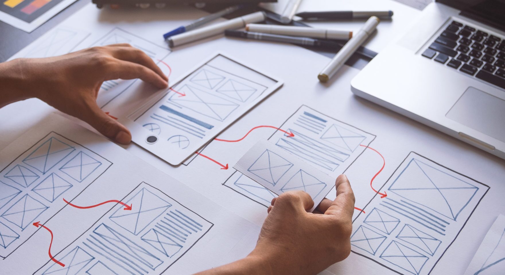 ux Graphic designer creative sketch planning application process development prototype wireframe for web mobile phone . User experience concept.