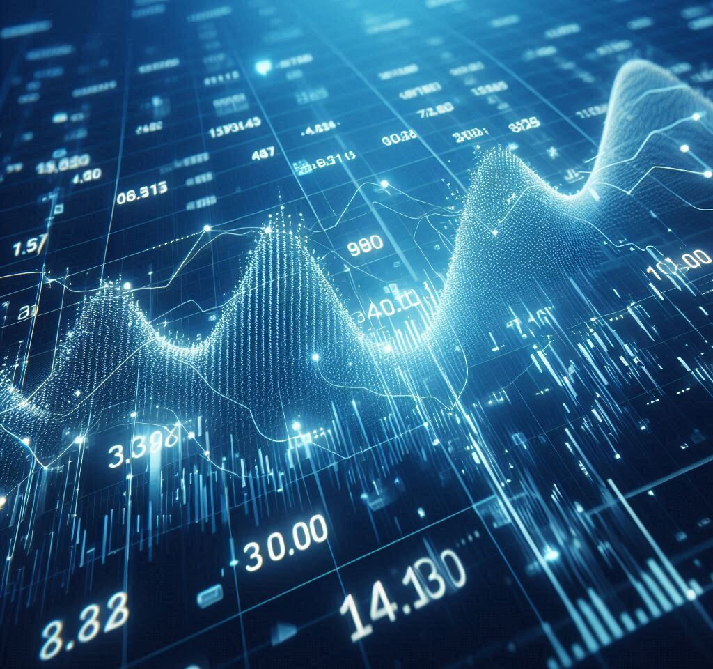 Blue backdrop with financial bar chart, uptrend line, and widescreen abstract stock market graph.