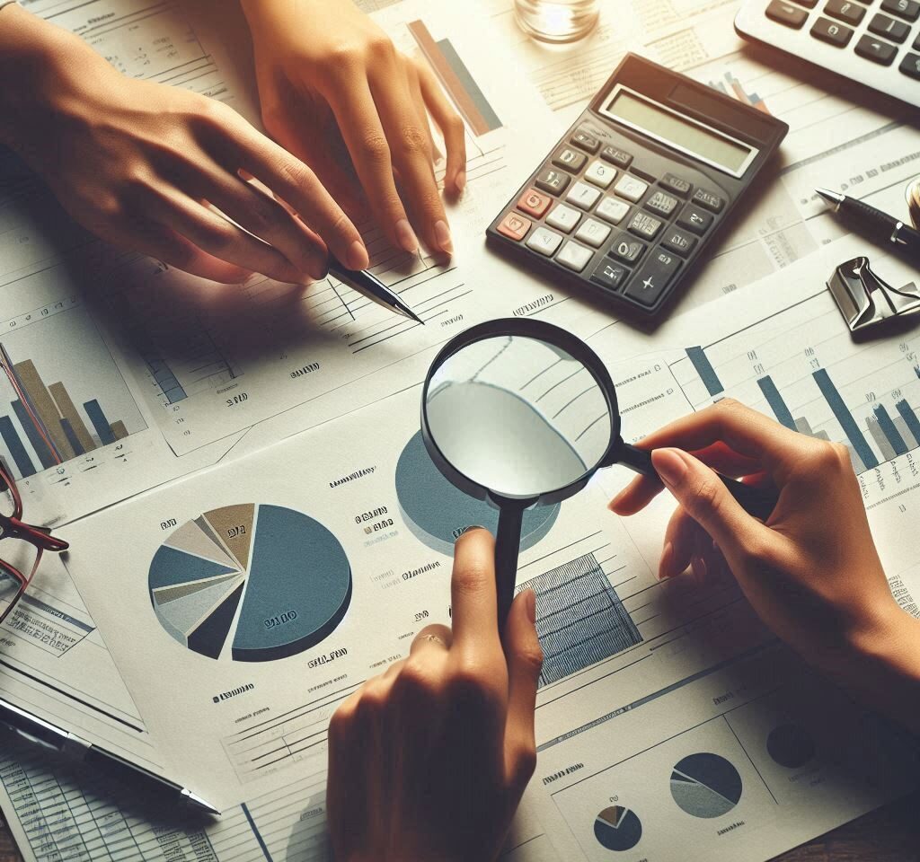 two individuals' hands, one holding a magnifying glass over some documents and the other using a calculator. Surrounding these central elements are printed pie charts, bar graphs, and line graphs indicating data analysis or financial reports. The setting suggests a business or financial planning environment with an emphasis on detailed examination of data.