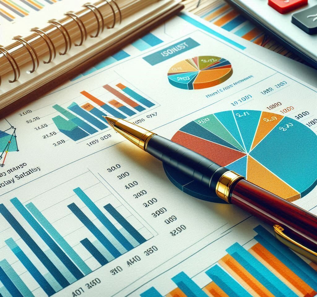 Business and finance concept with charts and graphs on paper, representing financial data and market statistics