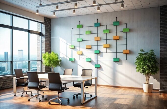 Modern Office Building Interior, Organizational Chart on Wall, Teamwork Concept