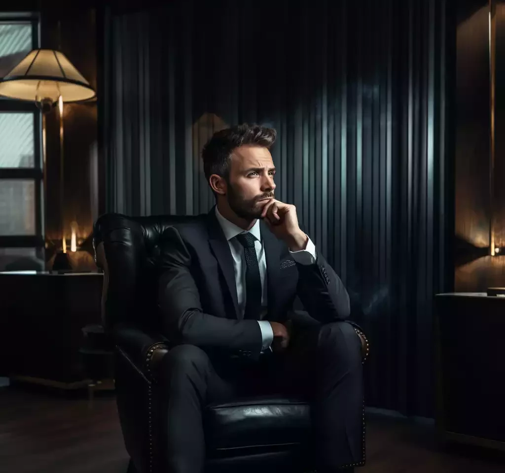 Businessman in suit sitting in dark luxury office