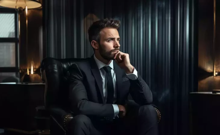 Businessman in suit sitting in dark luxury office
