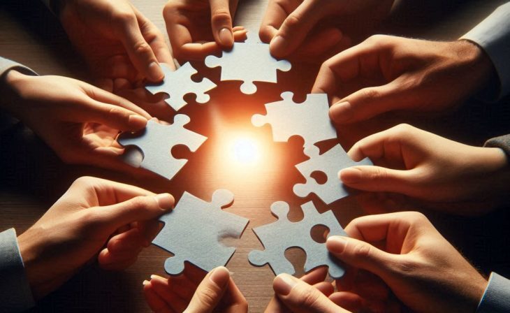 Multiple hands joining puzzle pieces symbolizing collaboration