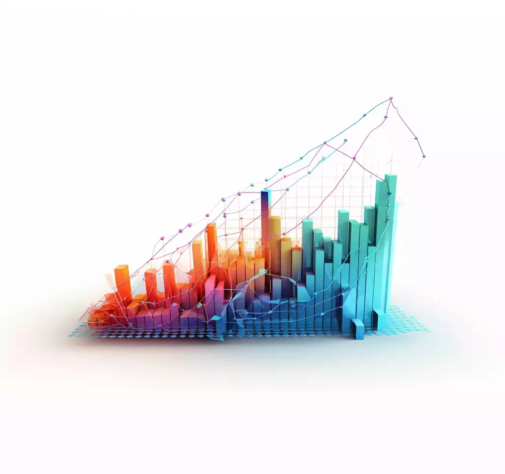 3D colorful bar graph with overlaying line chart on a white background.