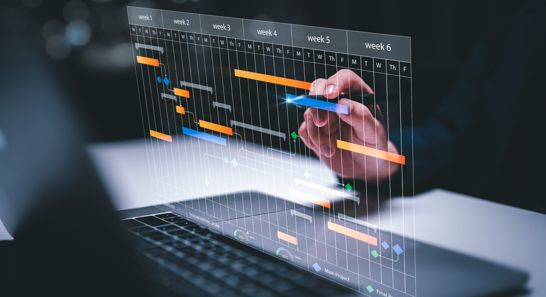 M&A planning and Implementation, Business people use laptop computers to manage work projects and update tasks. Work progress, efficient scheduling.Business Data Management scheduling