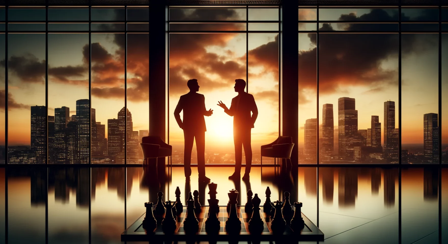 Silhouette of two businessmen standing in a luxurious high rise office during-sunset. They are facing each other one of them gesturing with his hand