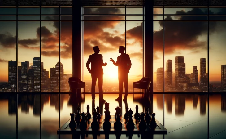 Silhouette of two businessmen standing in a luxurious high rise office during-sunset. They are facing each other one of them gesturing with his hand