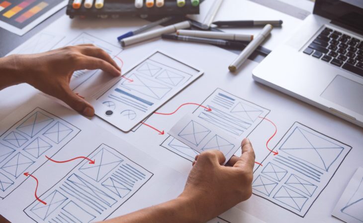 ux Graphic designer creative sketch planning application process development prototype wireframe for web mobile phone . User experience concept.