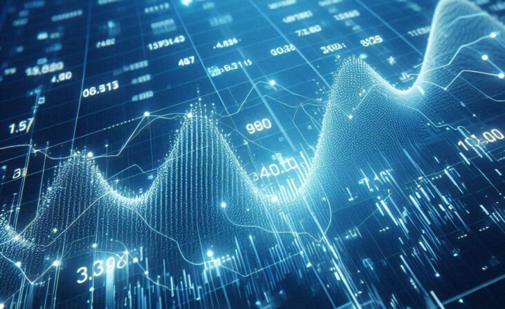 Blue backdrop with financial bar chart, uptrend line, and widescreen abstract stock market graph.