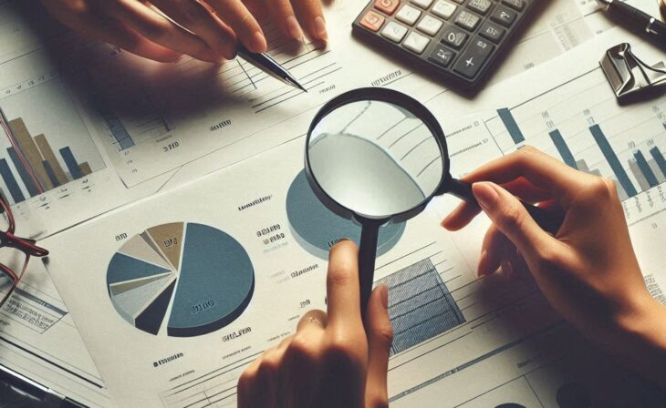 two individuals' hands, one holding a magnifying glass over some documents and the other using a calculator. Surrounding these central elements are printed pie charts, bar graphs, and line graphs indicating data analysis or financial reports. The setting suggests a business or financial planning environment with an emphasis on detailed examination of data.