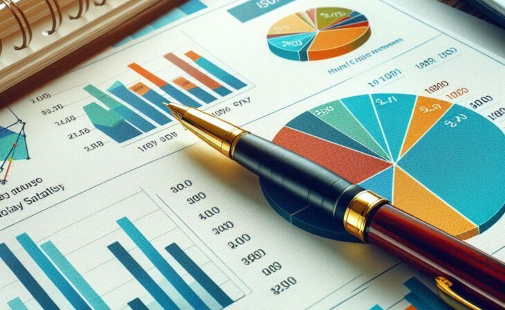 Business and finance concept with charts and graphs on paper, representing financial data and market statistics