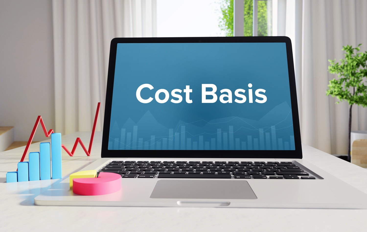 Cost Basis – Statistics/Business. Laptop in the office with term on the display. Finance/Economics.