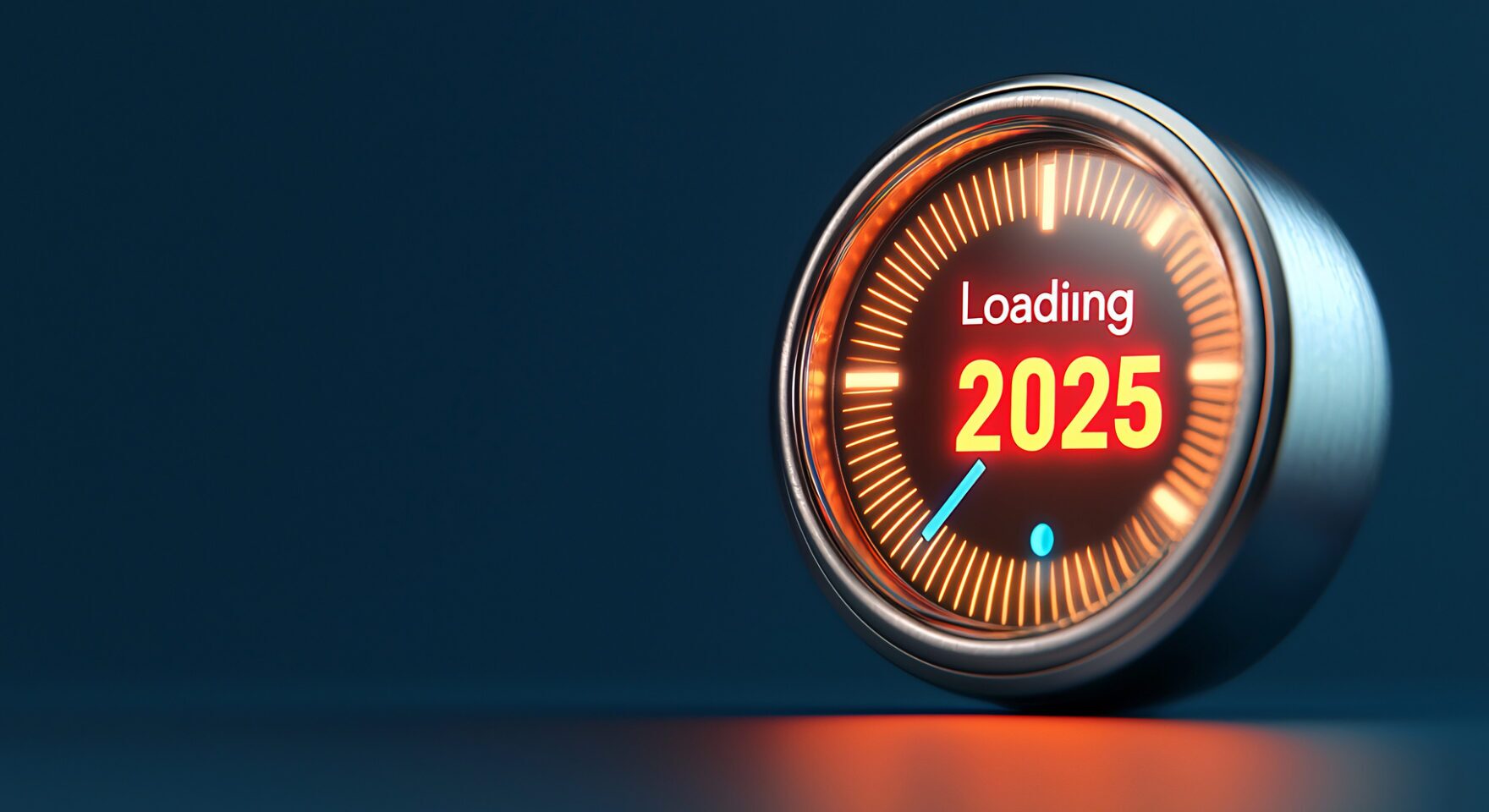 2025 is Loading! A futuristic, metallic gauge glows, anticipating the new year with vibrant energy and anticipation. Prepare for the future!