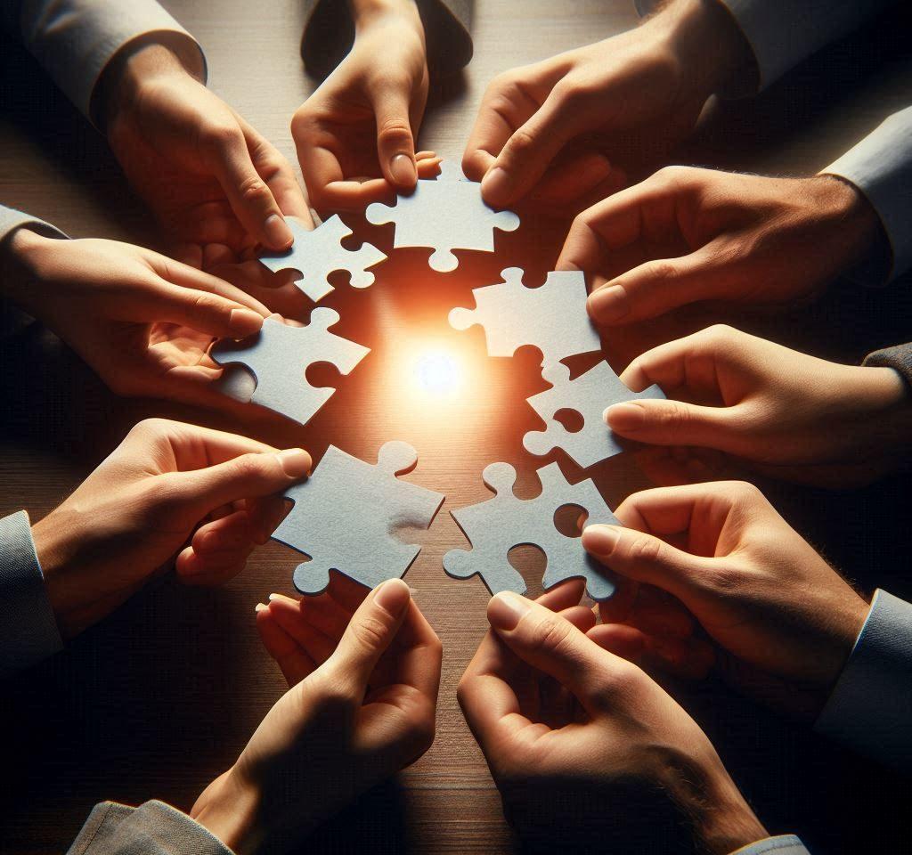 Multiple hands joining puzzle pieces symbolizing collaboration
