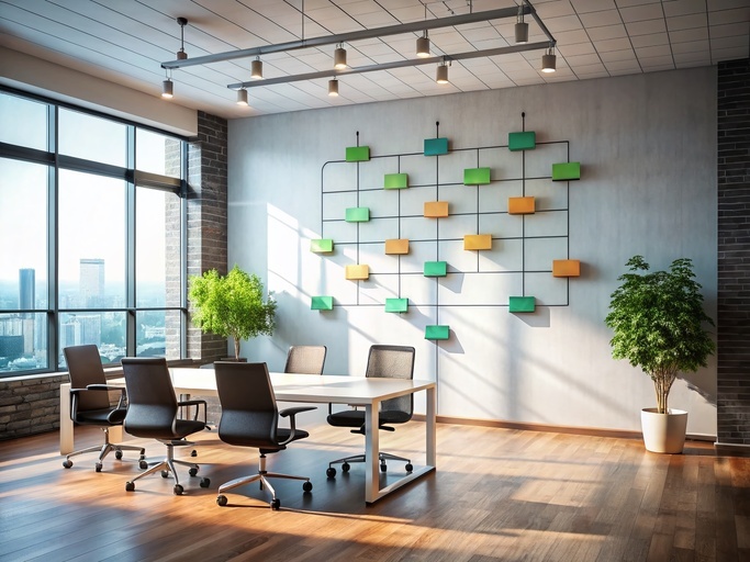 Modern Office Building Interior, Organizational Chart on Wall, Teamwork Concept