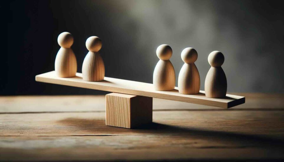 Wooden human figures on the wooden balance reflecting the nature of leveraged buyouts (LBOs)