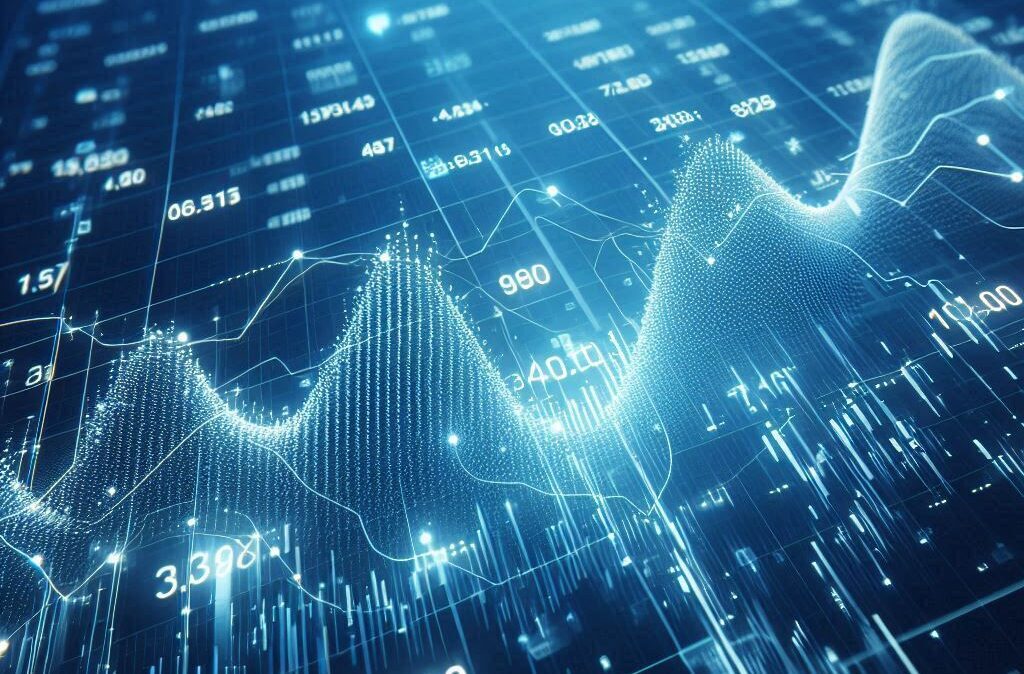 Blue backdrop with financial bar chart, uptrend line, and widescreen abstract stock market graph.