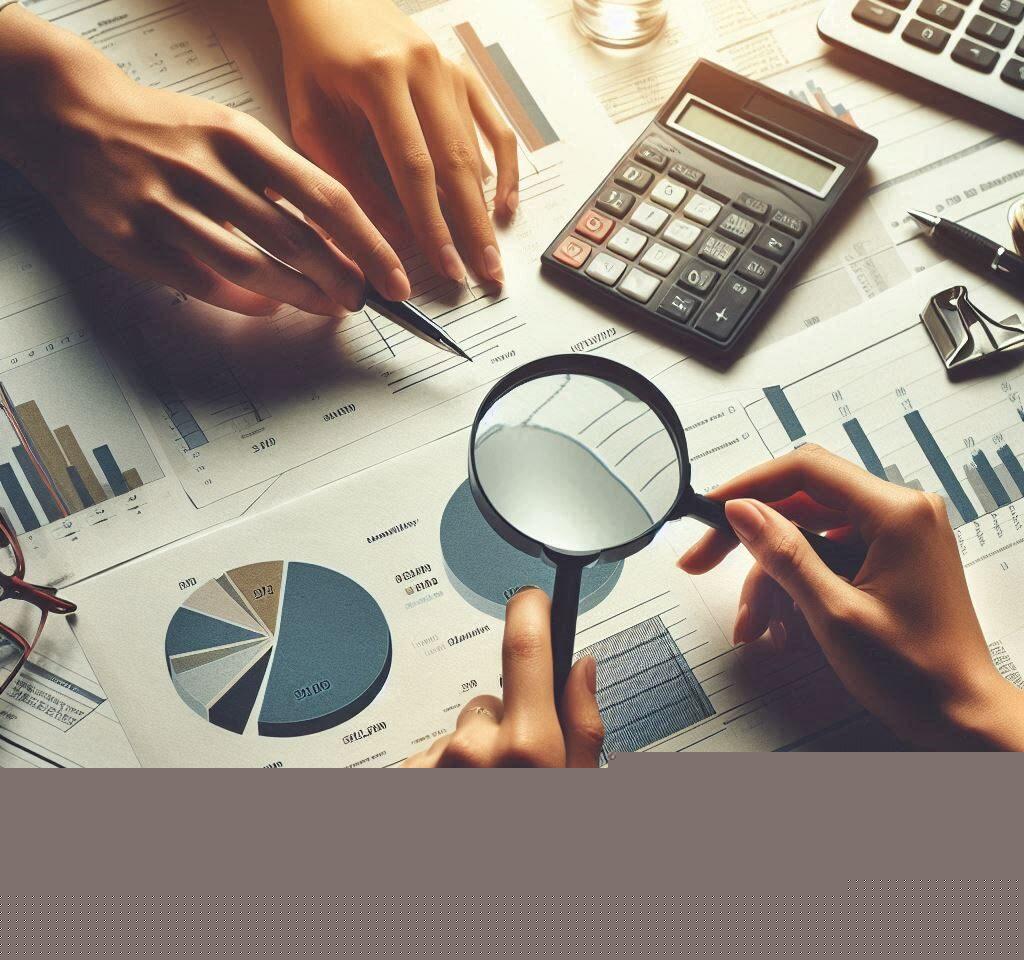Hands with magnifying glass and calculator analyzing financial data